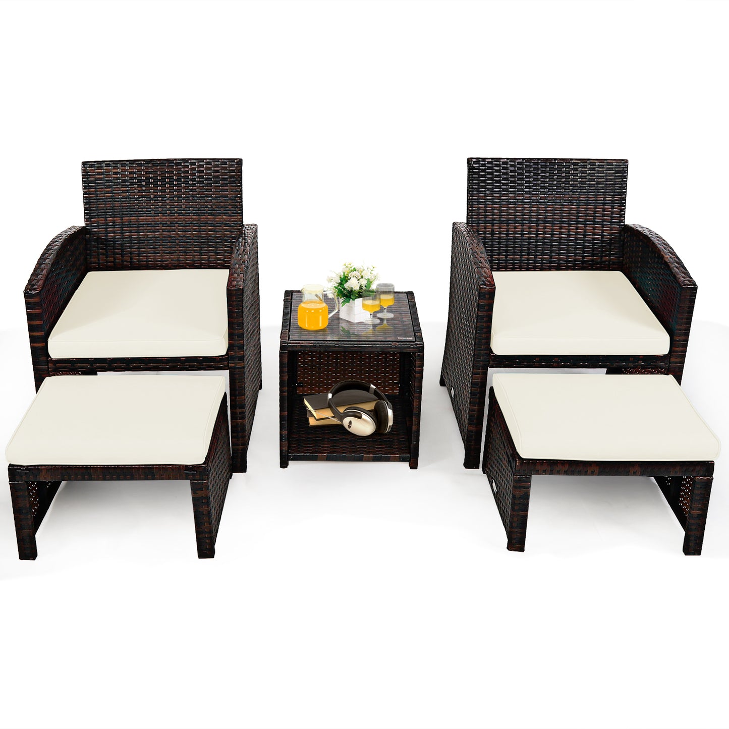 5 Pieces Patio Rattan Furniture Set with Ottoman and Tempered Glass Coffee Table, White Outdoor Seating & Patio Chairs at Gallery Canada