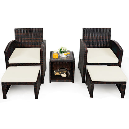 5 Pieces Patio Rattan Furniture Set with Ottoman and Tempered Glass Coffee Table, White Outdoor Seating & Patio Chairs at Gallery Canada
