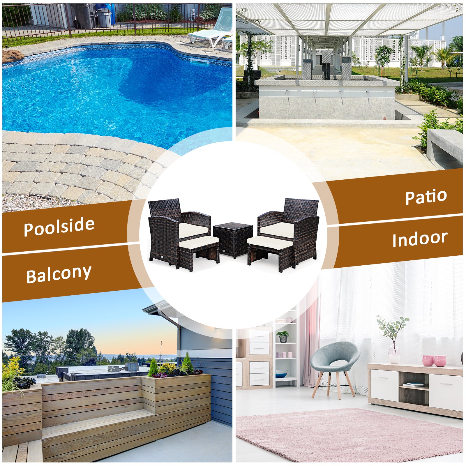 5 Pieces Patio Rattan Furniture Set with Ottoman and Tempered Glass Coffee Table, White Outdoor Seating & Patio Chairs at Gallery Canada