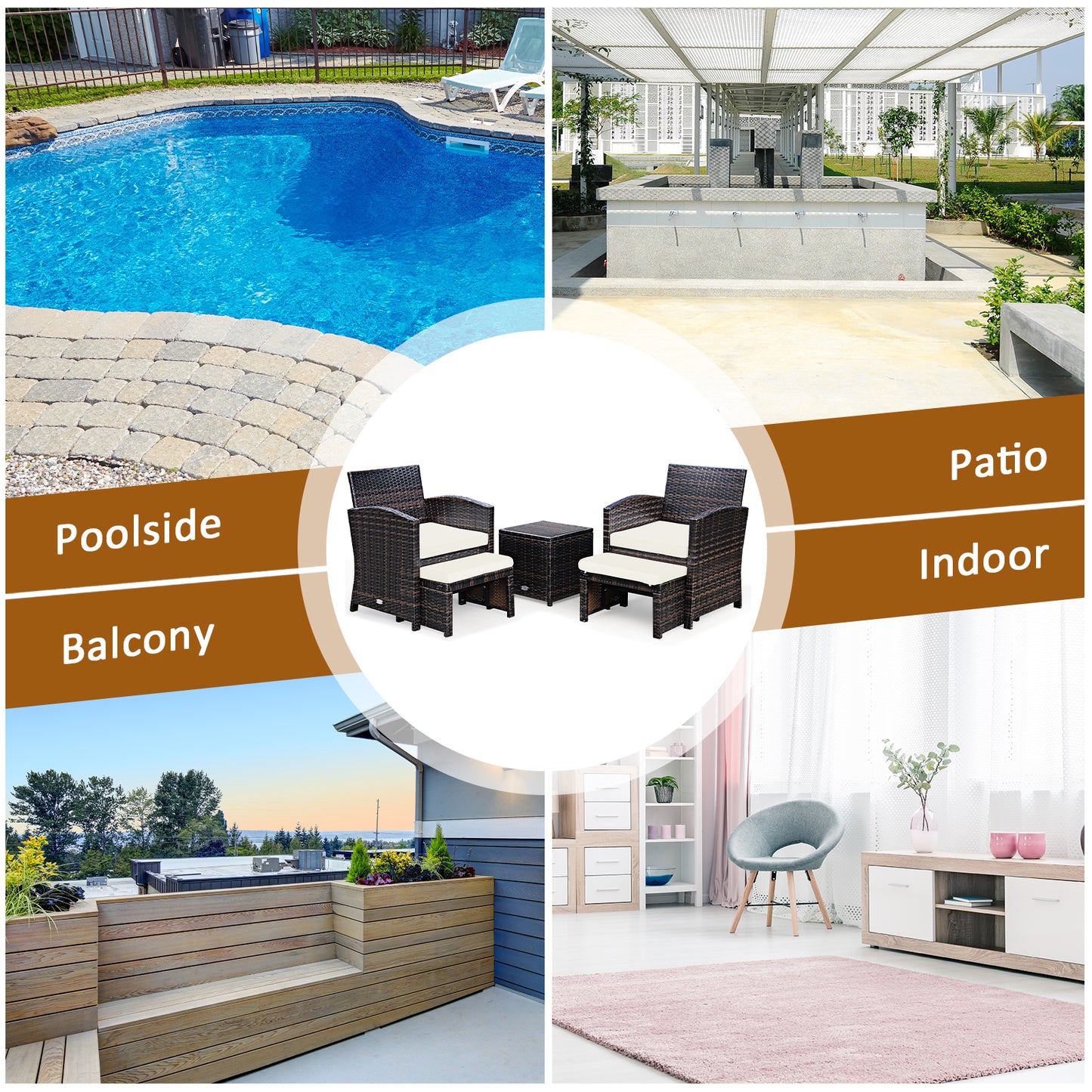 5 Pieces Patio Rattan Furniture Set with Ottoman and Tempered Glass Coffee Table, White Outdoor Seating & Patio Chairs at Gallery Canada