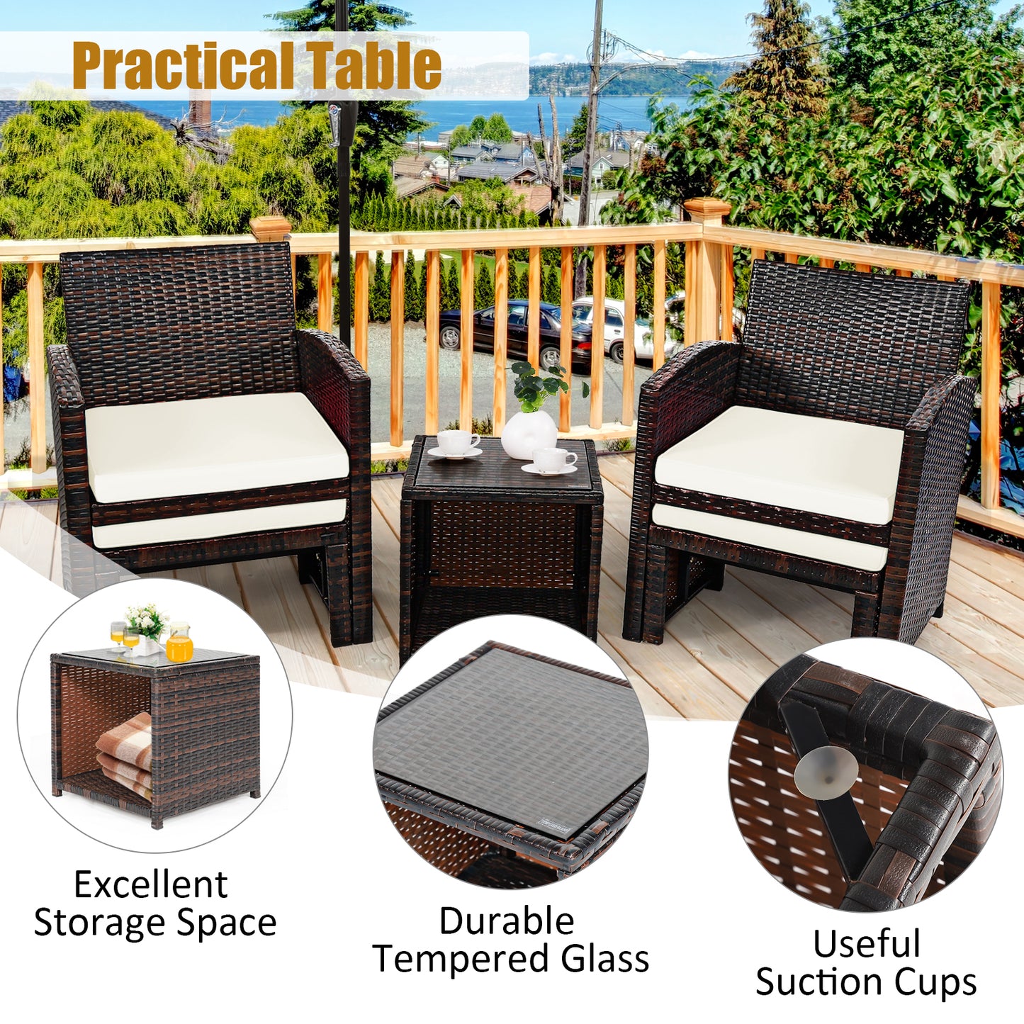 5 Pieces Patio Rattan Furniture Set with Ottoman and Tempered Glass Coffee Table, White Outdoor Seating & Patio Chairs at Gallery Canada