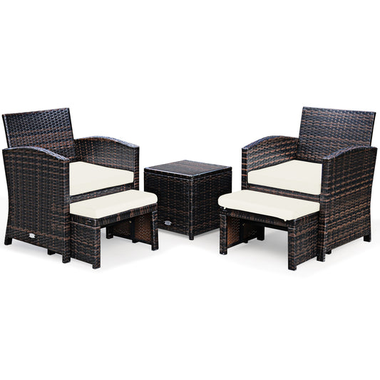 5 Piece Patio Rattan Furniture Set, Ottoman, Tempered Glass Coffee Table, White