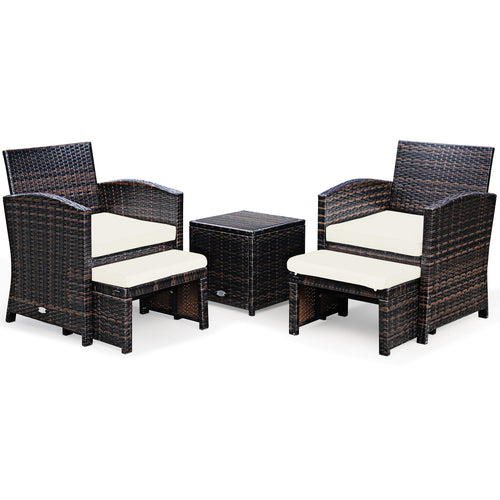 5 Pieces Patio Rattan Furniture Set with Ottoman and Tempered Glass Coffee Table, White