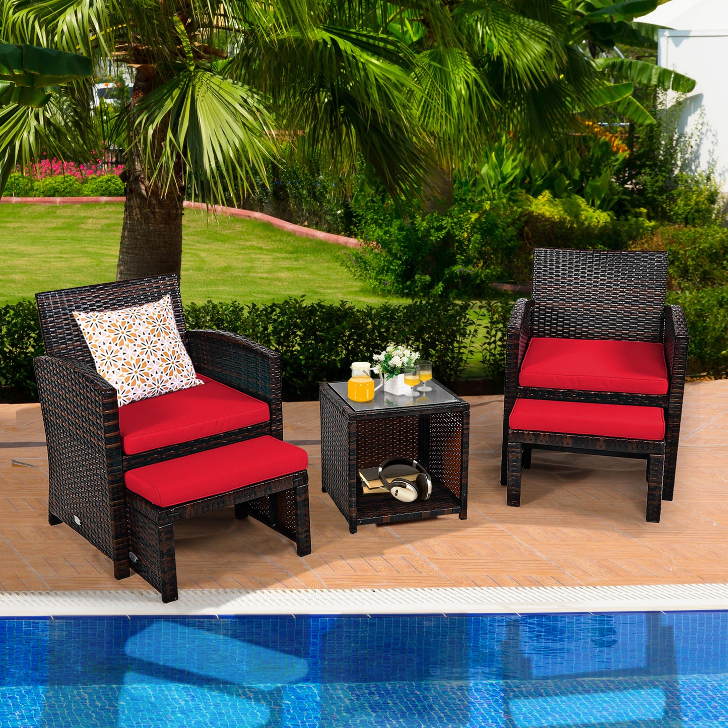 5 Pieces Patio Rattan Furniture Set with Ottoman and Tempered Glass Coffee Table, Red Outdoor Seating & Patio Chairs at Gallery Canada
