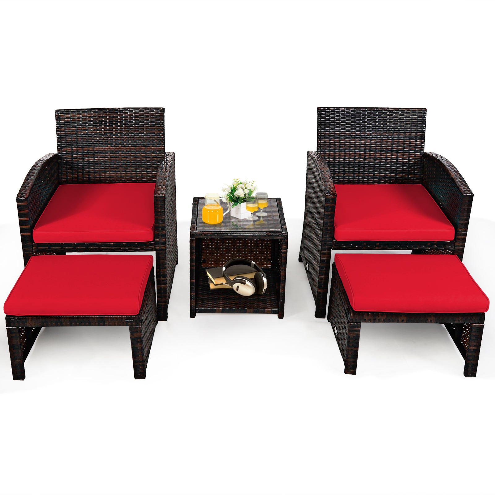 5 Pieces Patio Rattan Furniture Set with Ottoman and Tempered Glass Coffee Table, Red Outdoor Seating & Patio Chairs at Gallery Canada