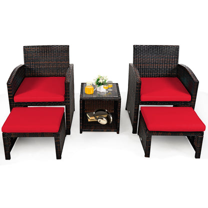 5 Pieces Patio Rattan Furniture Set with Ottoman and Tempered Glass Coffee Table, Red Outdoor Seating & Patio Chairs at Gallery Canada