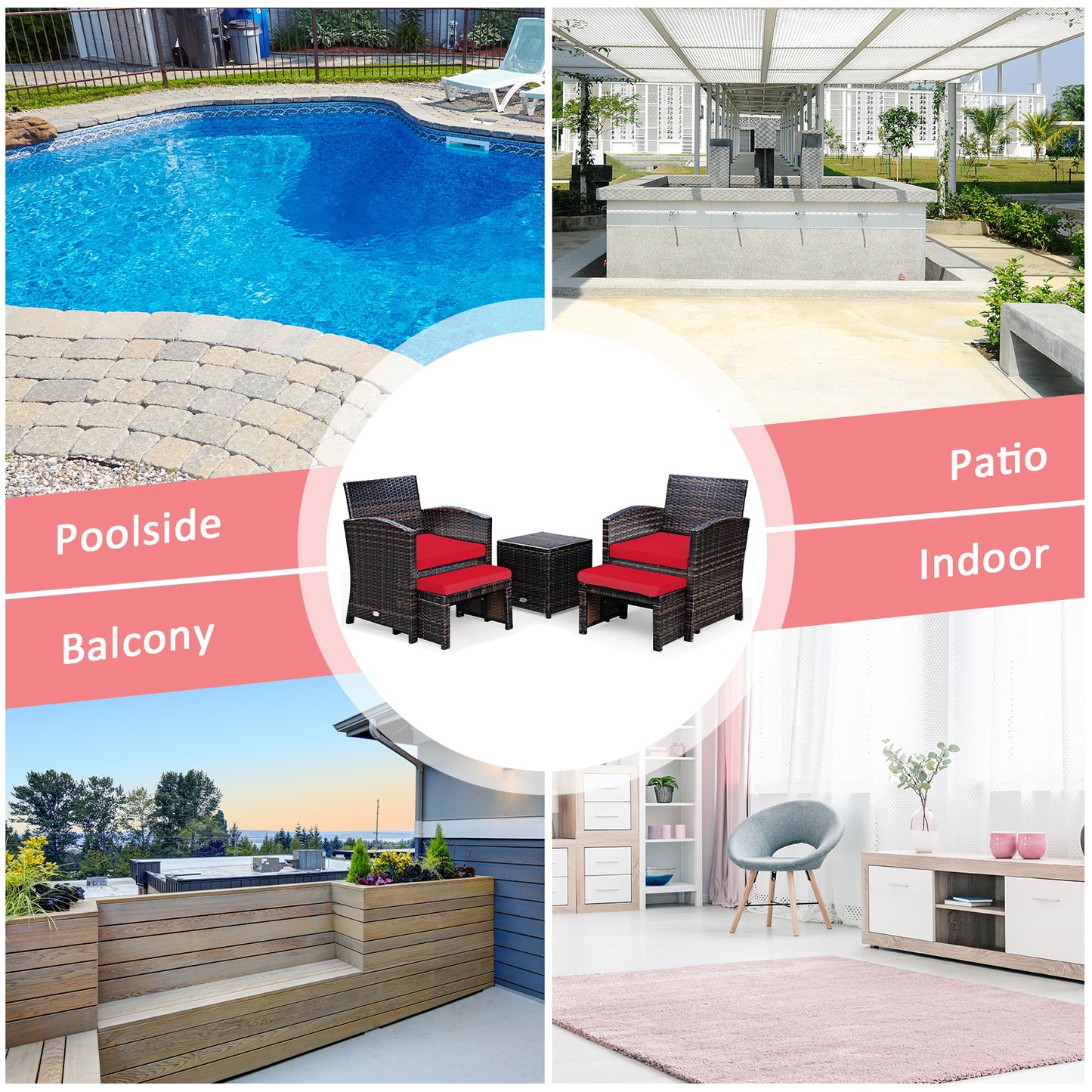 5 Pieces Patio Rattan Furniture Set with Ottoman and Tempered Glass Coffee Table, Red Outdoor Seating & Patio Chairs at Gallery Canada