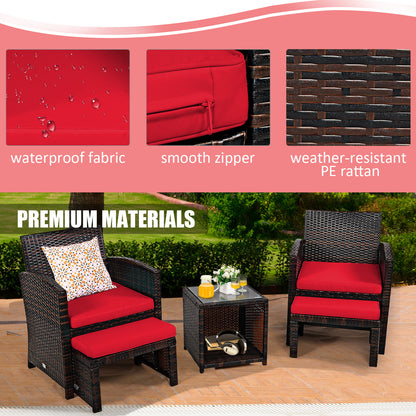 5 Pieces Patio Rattan Furniture Set with Ottoman and Tempered Glass Coffee Table, Red Outdoor Seating & Patio Chairs at Gallery Canada