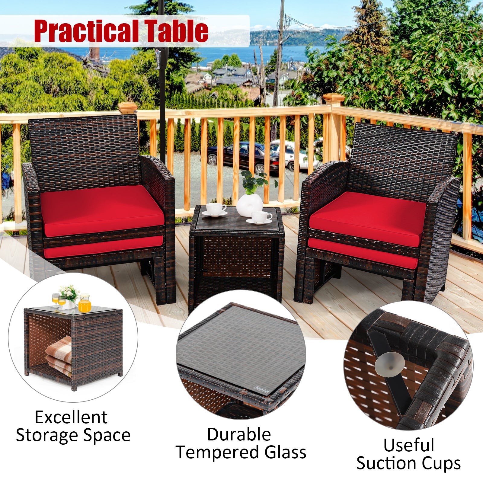 5 Pieces Patio Rattan Furniture Set with Ottoman and Tempered Glass Coffee Table, Red Outdoor Seating & Patio Chairs at Gallery Canada