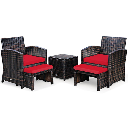 5 Pieces Patio Rattan Furniture Set with Ottoman and Tempered Glass Coffee Table, Red
