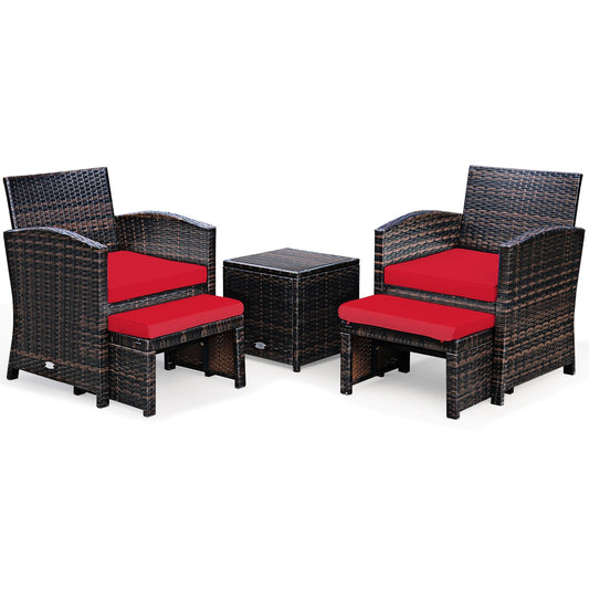 5-Piece Patio Rattan Set, Ottoman, Tempered Glass Table, Red Outdoor Seating & Patio Chairs Red at Gallery Canada