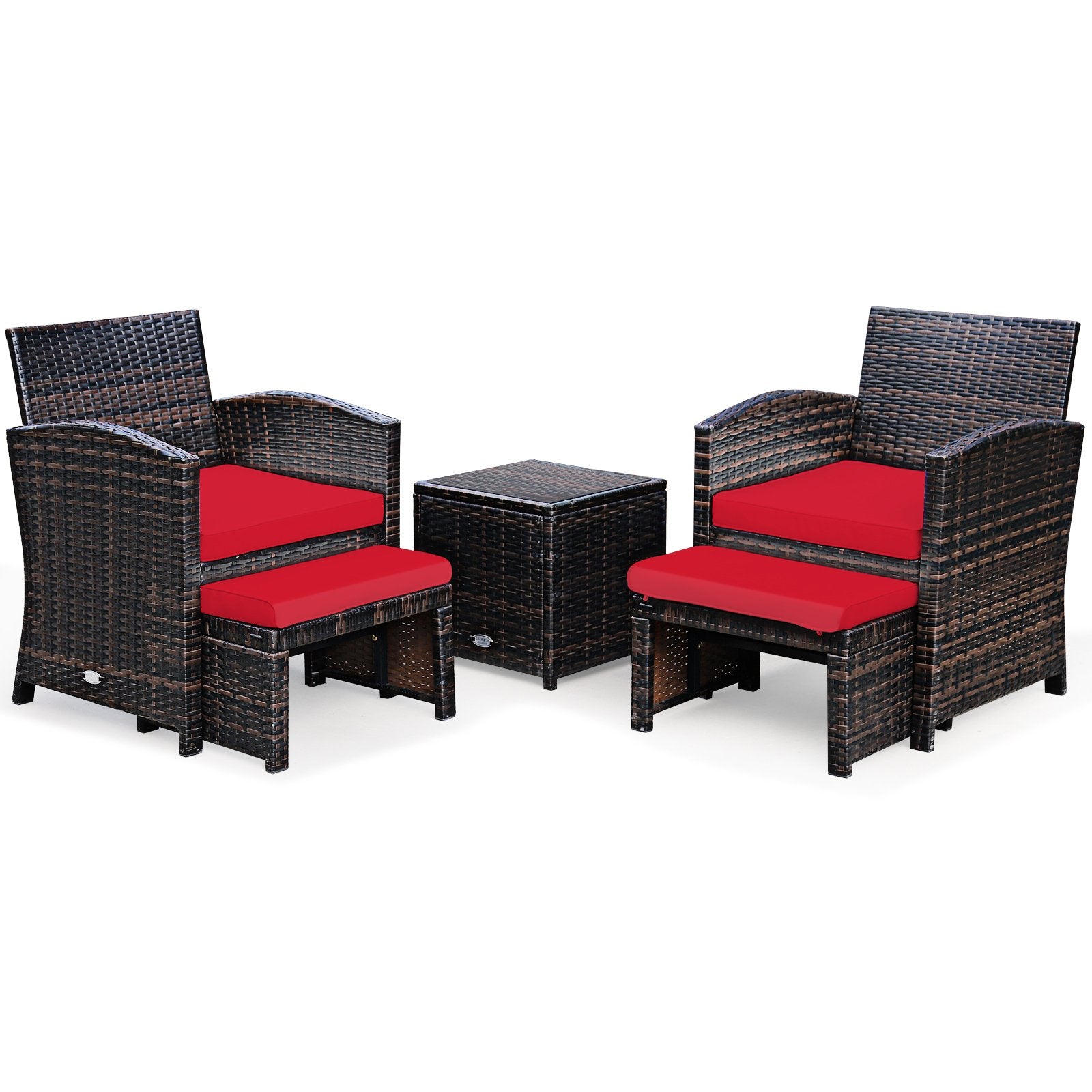 5 Pieces Patio Rattan Furniture Set with Ottoman and Tempered Glass Coffee Table, Red Outdoor Seating & Patio Chairs at Gallery Canada