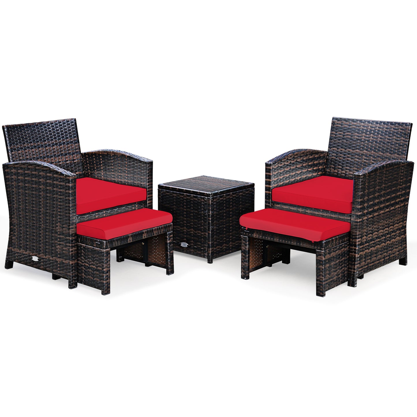 5-Piece Patio Rattan Set, Ottoman, Tempered Glass Table, Red Outdoor Seating & Patio Chairs Red at Gallery Canada
