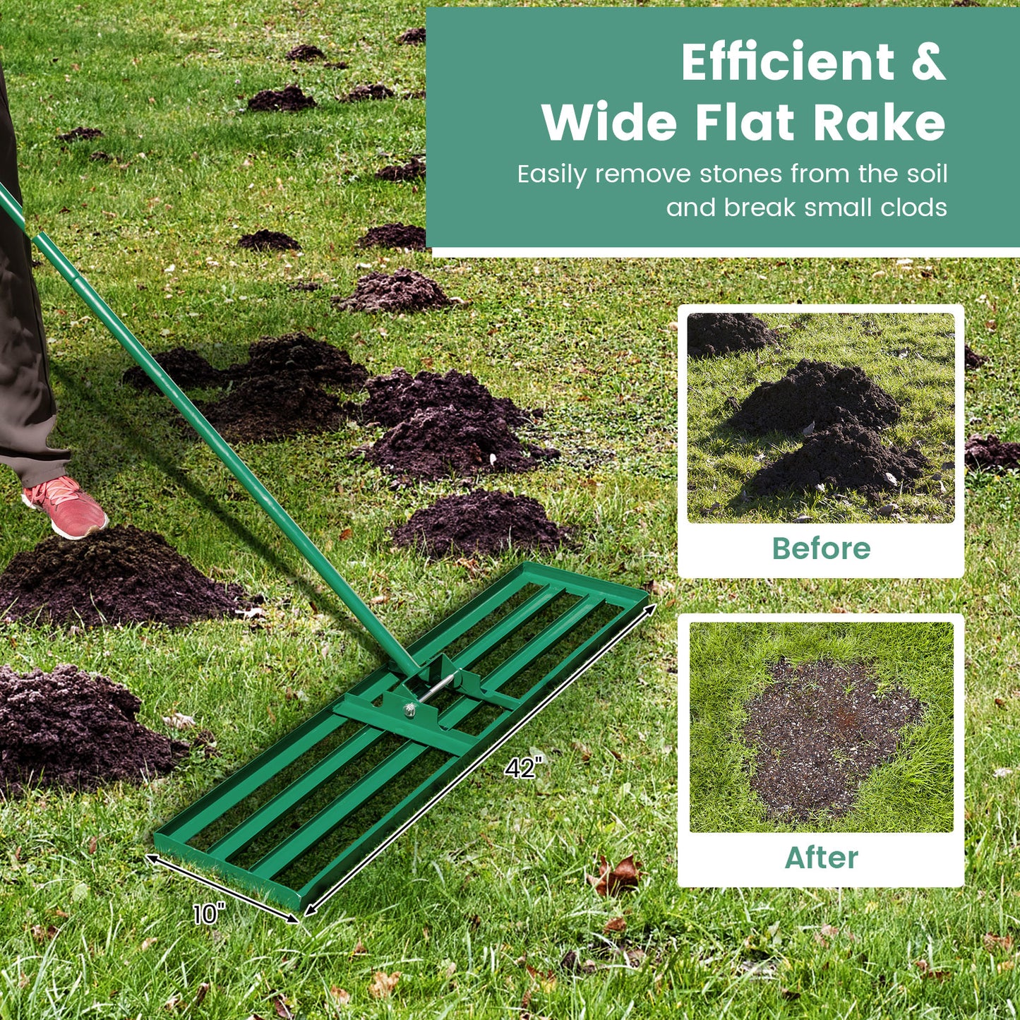 42 x 10 Inch Lawn Leveling Rake with Ergonomic Handle, Green Garden Tools at Gallery Canada