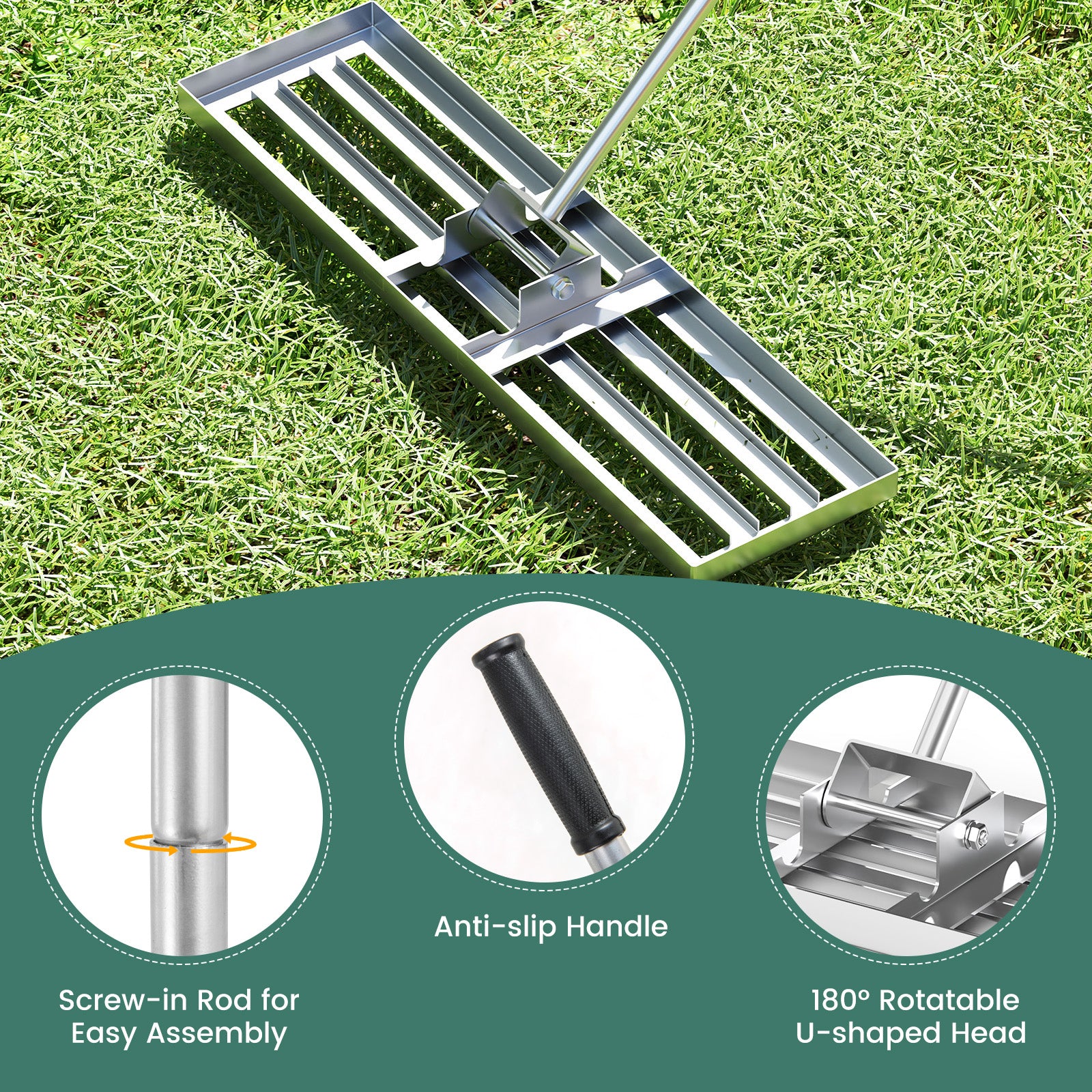 36 x 10 Inch Lawn Leveling Rake with Ergonomic Handle, Silver Lawn Care Tools at Gallery Canada