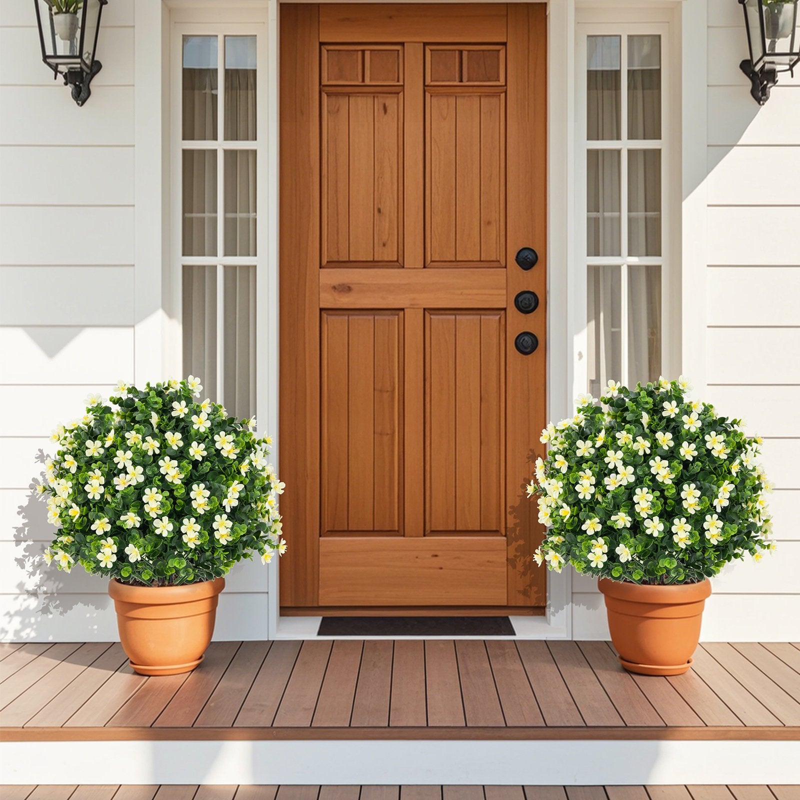 2 Pack Artificial Boxwood Topiary Ball Tree Faux Shrub Bushes with Flowers, White Faux Plants at Gallery Canada