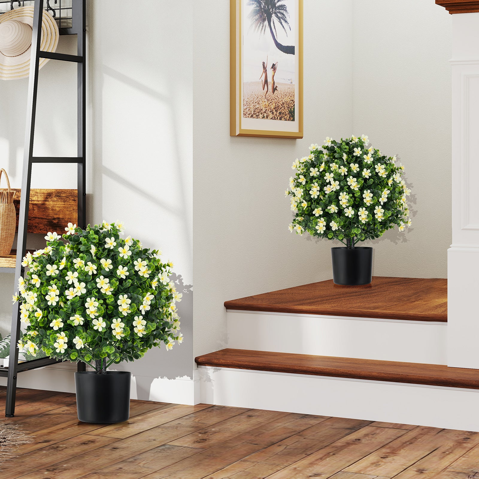2 Pack Artificial Boxwood Topiary Ball Tree Faux Shrub Bushes with Flowers, White Faux Plants at Gallery Canada
