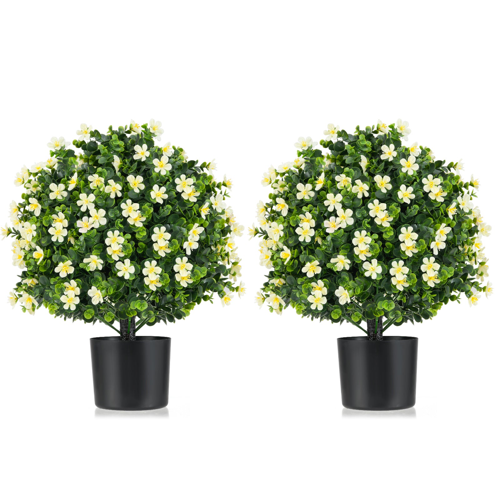 2 Pack Artificial Boxwood Topiary Ball Tree Faux Shrub Bushes with Flowers, White Faux Plants at Gallery Canada