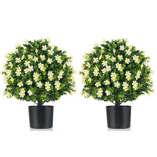 2 Pack Artificial Boxwood Topiary Ball Tree Faux Shrub Bushes with Flowers, White Faux Plants White at Gallery Canada