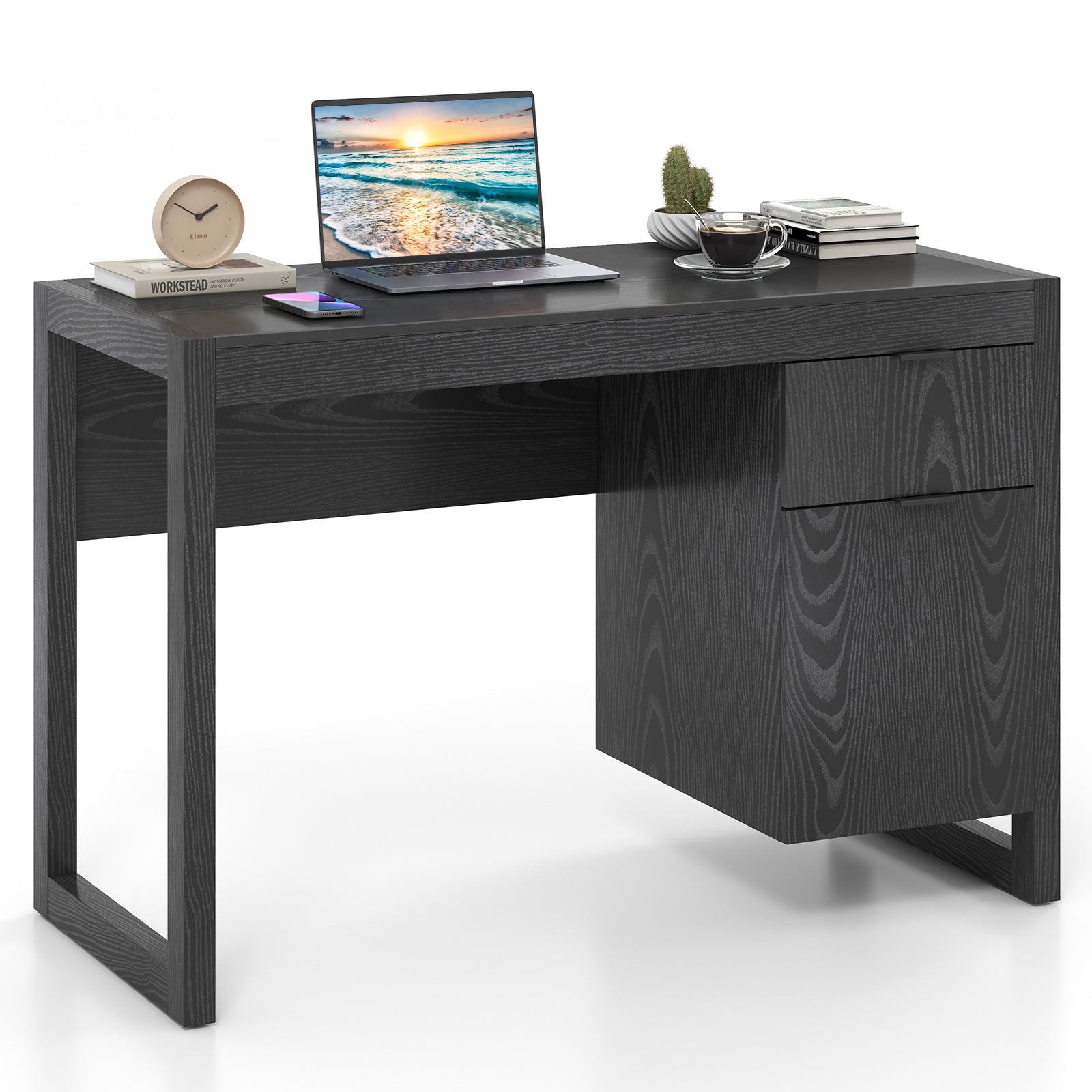 Modern Computer Desk With Cabinet And Drawer, Black Writing Desks Black at Gallery Canada