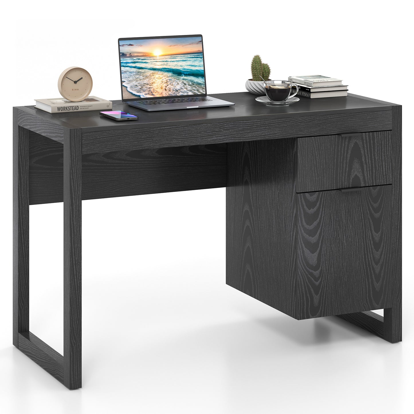 Modern Computer Desk With Cabinet And Drawer, Black Writing Desks Black at Gallery Canada