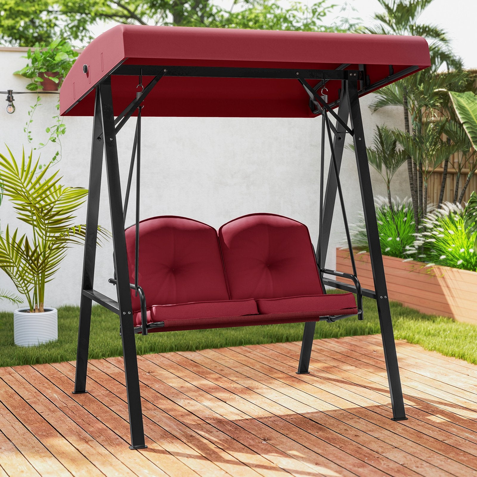 2-Person Outdoor Porch Swing with A-Shaped Metal Stand and Adjustable Canopy, Wine Porch Swings at Gallery Canada
