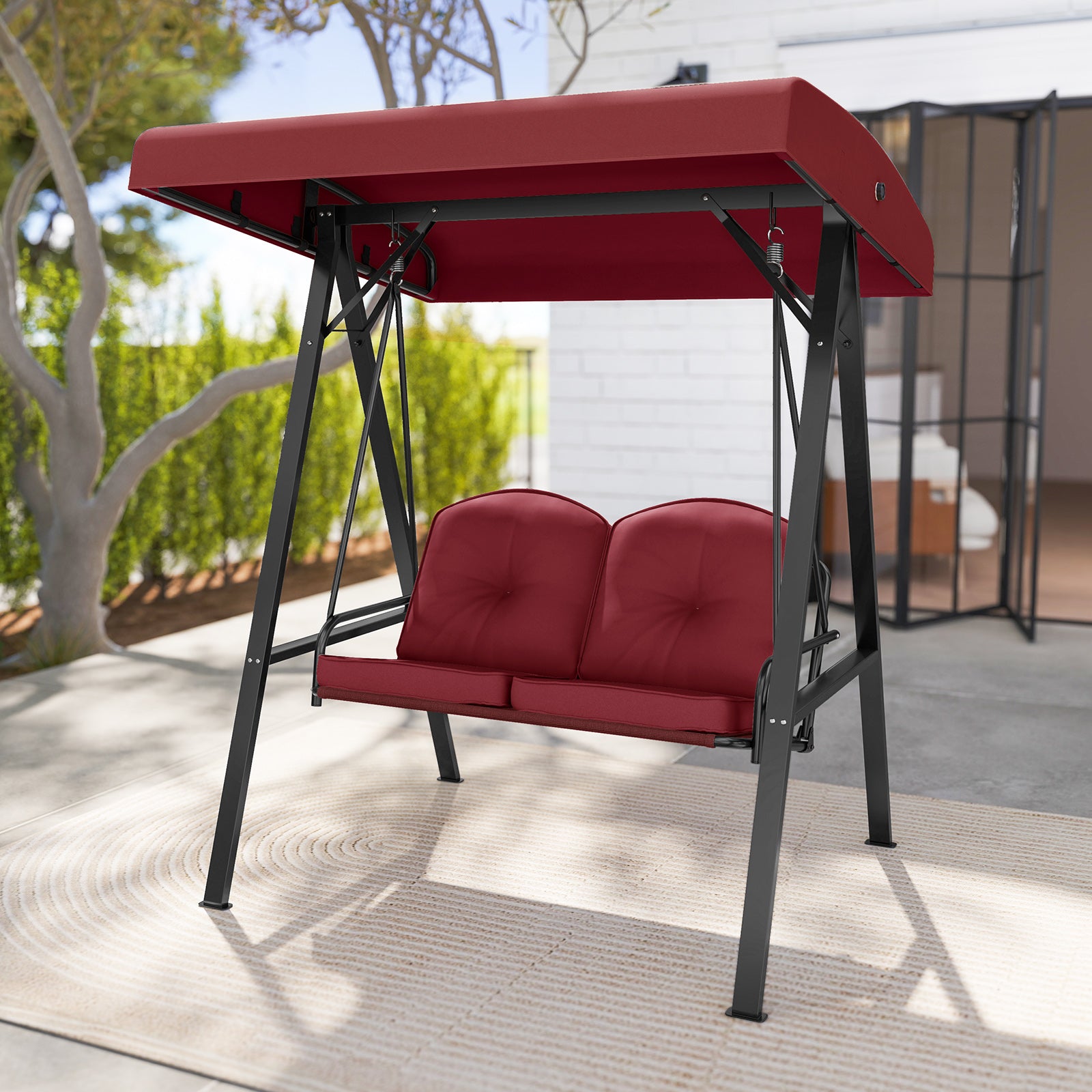 2-Person Outdoor Porch Swing with A-Shaped Metal Stand and Adjustable Canopy, Wine Porch Swings at Gallery Canada