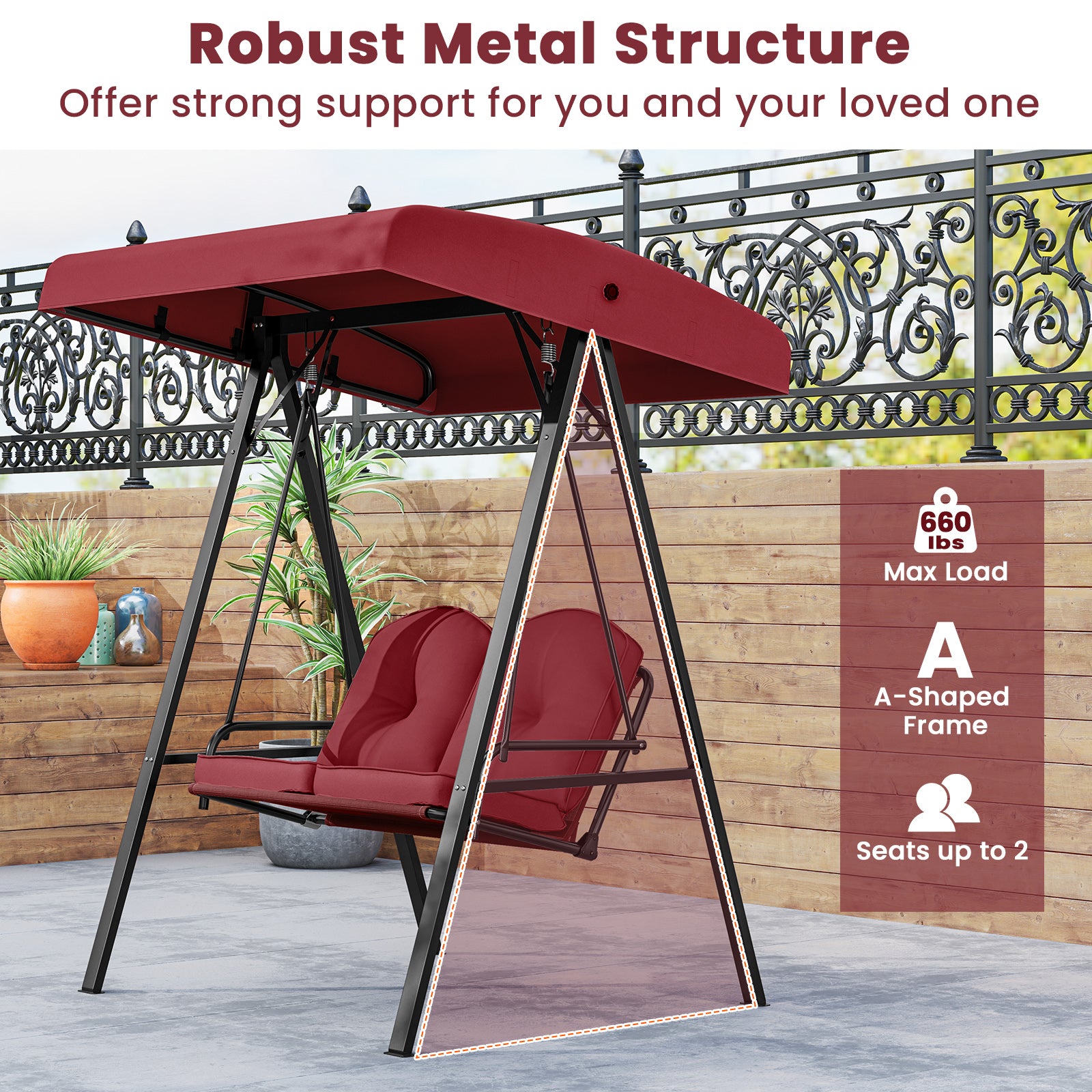 2-Person Outdoor Porch Swing with A-Shaped Metal Stand and Adjustable Canopy, Wine Porch Swings at Gallery Canada