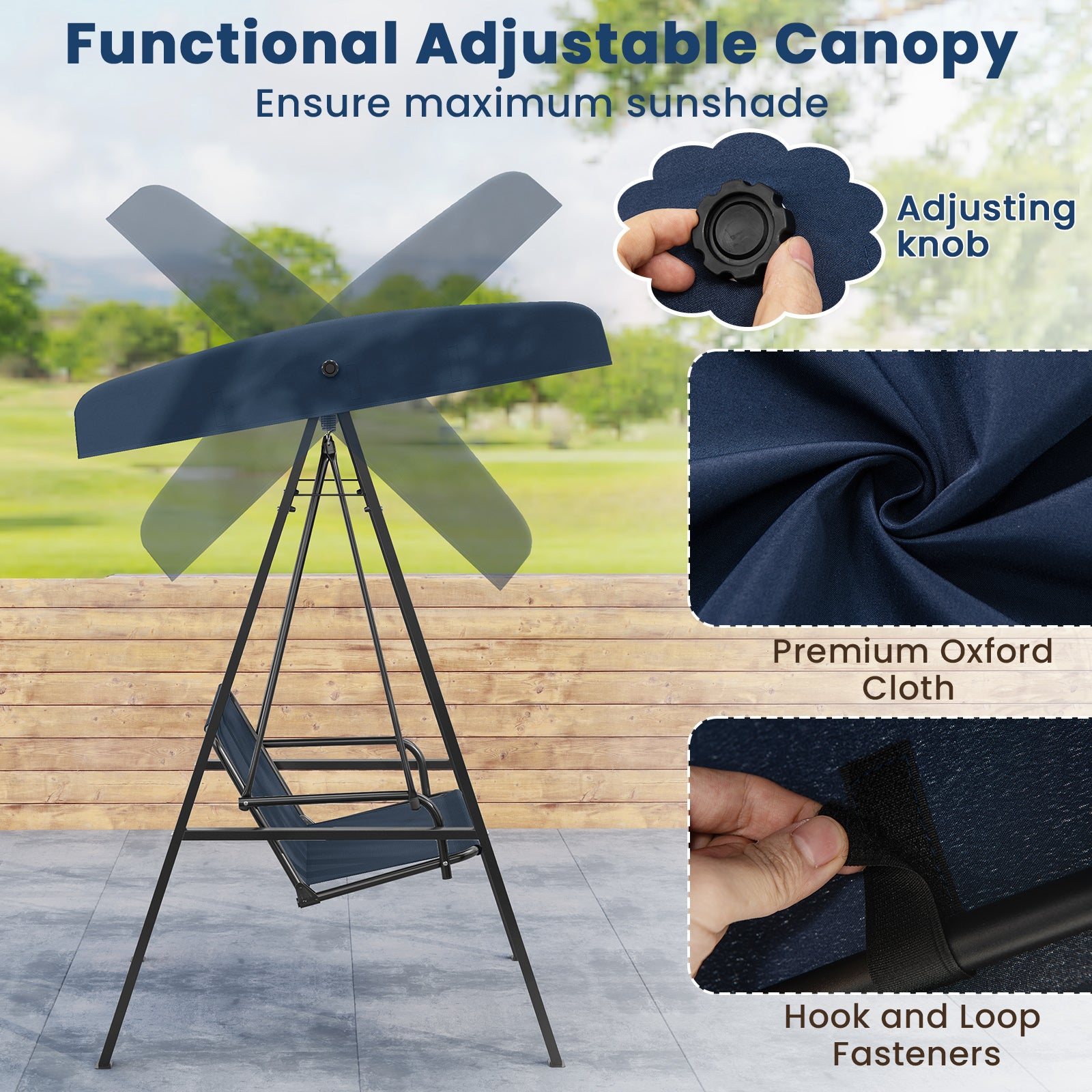 2-Person Outdoor Porch Swing with A-Shaped Metal Stand and Adjustable Canopy, Navy Porch Swings at Gallery Canada