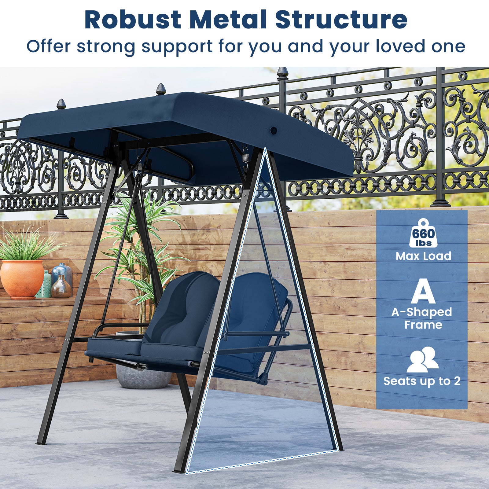 2-Person Outdoor Porch Swing with A-Shaped Metal Stand and Adjustable Canopy, Navy Porch Swings at Gallery Canada