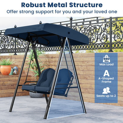 2-Person Outdoor Porch Swing with A-Shaped Metal Stand and Adjustable Canopy, Navy Porch Swings at Gallery Canada