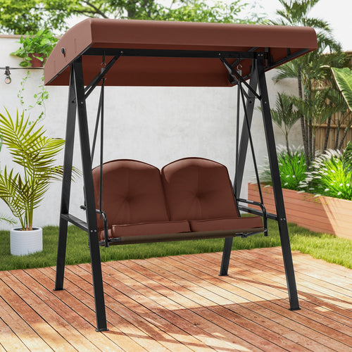 2-Person Outdoor Porch Swing with A-Shaped Metal Stand and Adjustable Canopy, Brown