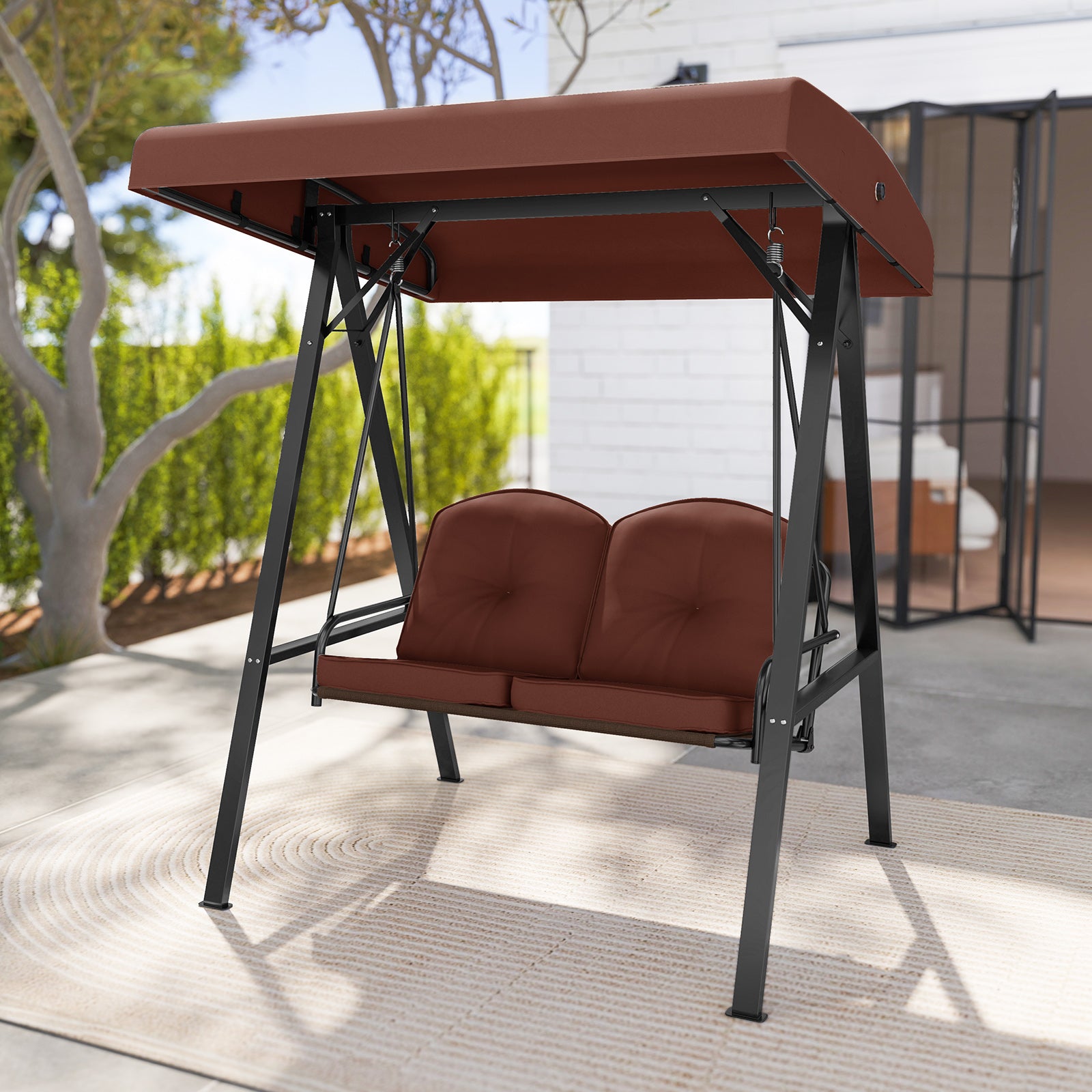 2-Person Outdoor Porch Swing with A-Shaped Metal Stand and Adjustable Canopy, Brown Porch Swings at Gallery Canada