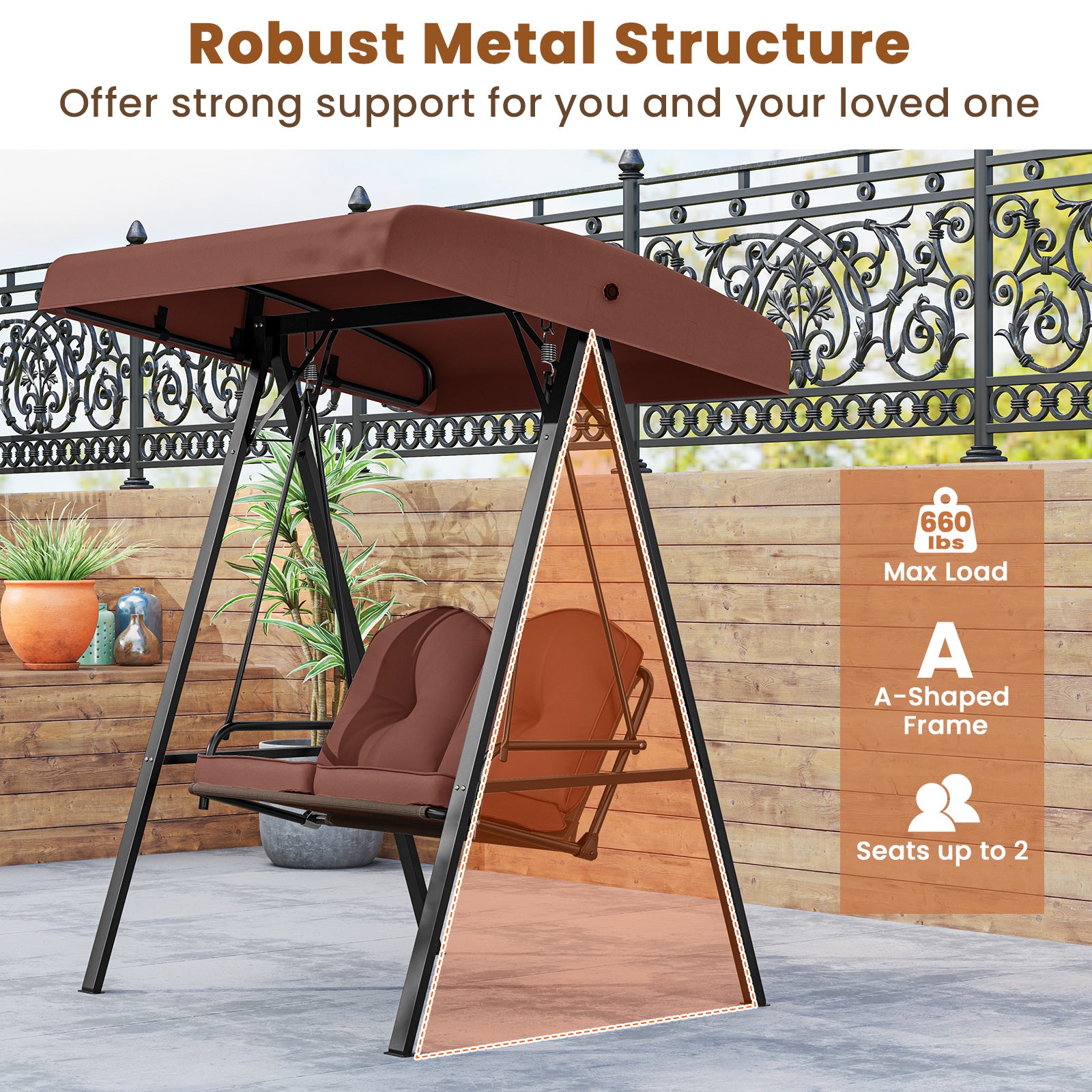2-Person Outdoor Porch Swing with A-Shaped Metal Stand and Adjustable Canopy, Brown Porch Swings at Gallery Canada