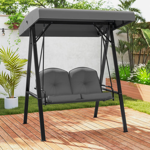2-Person Outdoor Porch Swing with A-Shaped Metal Stand and Adjustable Canopy, Gray
