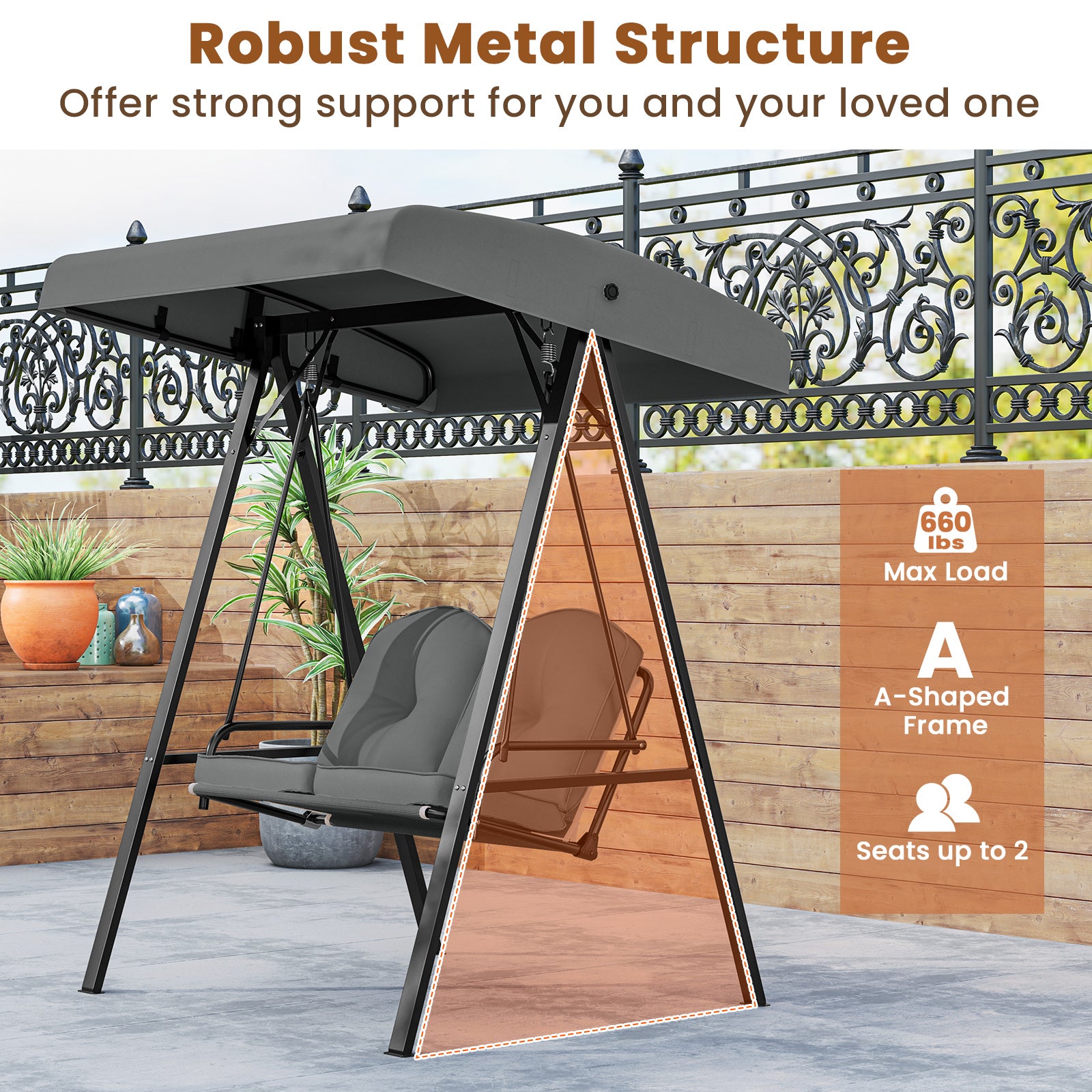 2-Person Outdoor Porch Swing with A-Shaped Metal Stand and Adjustable Canopy, Gray Porch Swings at Gallery Canada