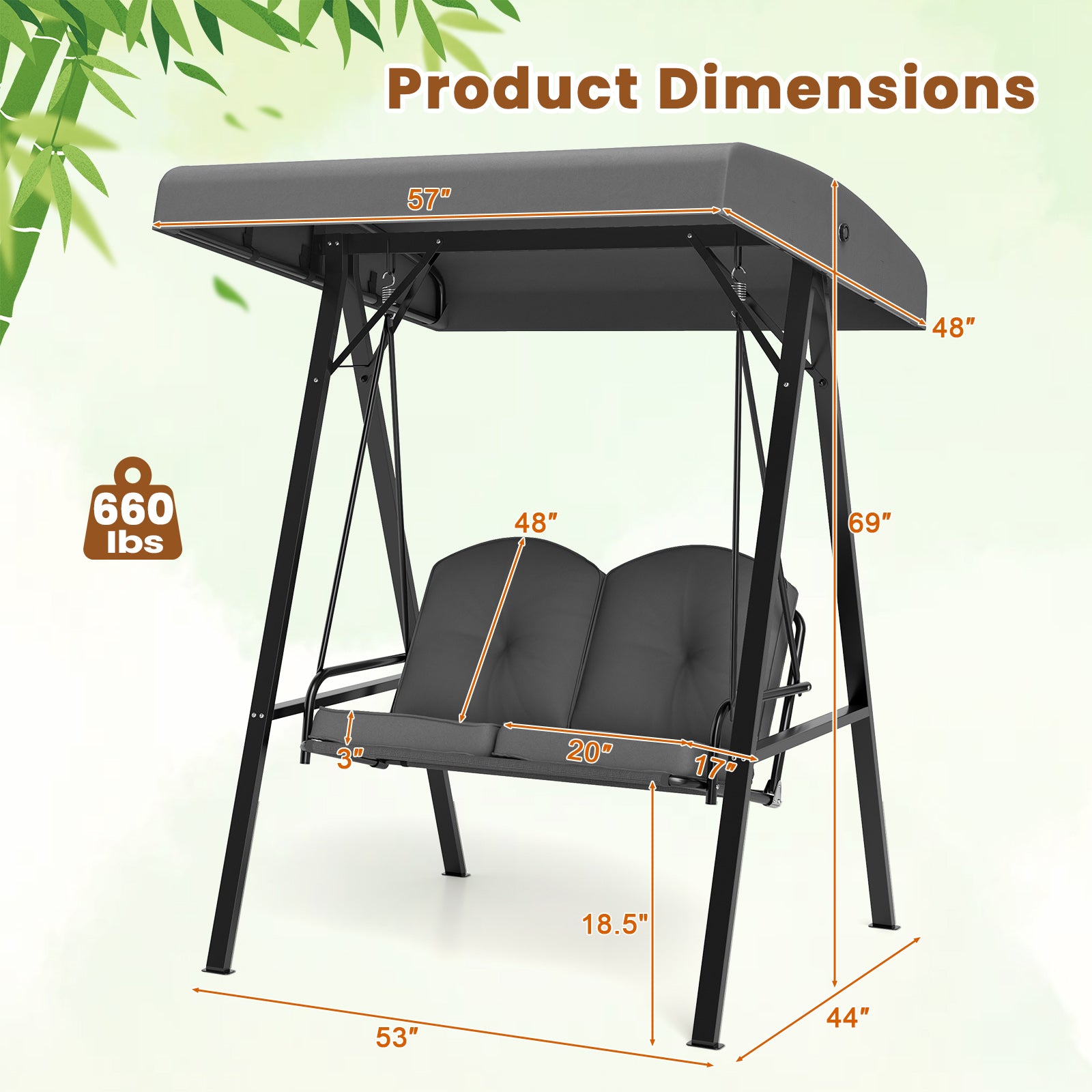 2-Person Outdoor Porch Swing with A-Shaped Metal Stand and Adjustable Canopy, Gray Porch Swings at Gallery Canada