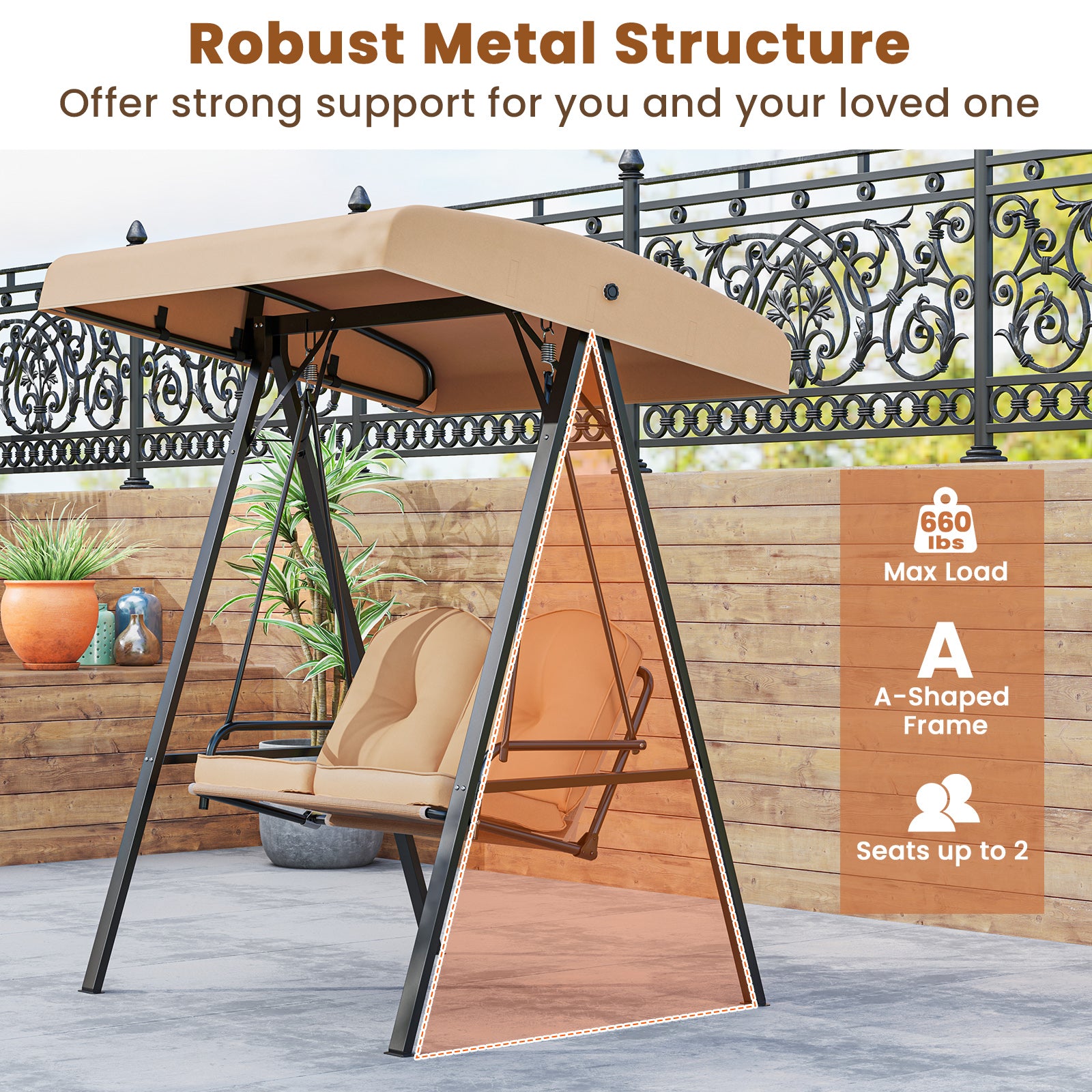 2-Person Outdoor Porch Swing with A-Shaped Metal Stand and Adjustable Canopy, Beige Porch Swings at Gallery Canada