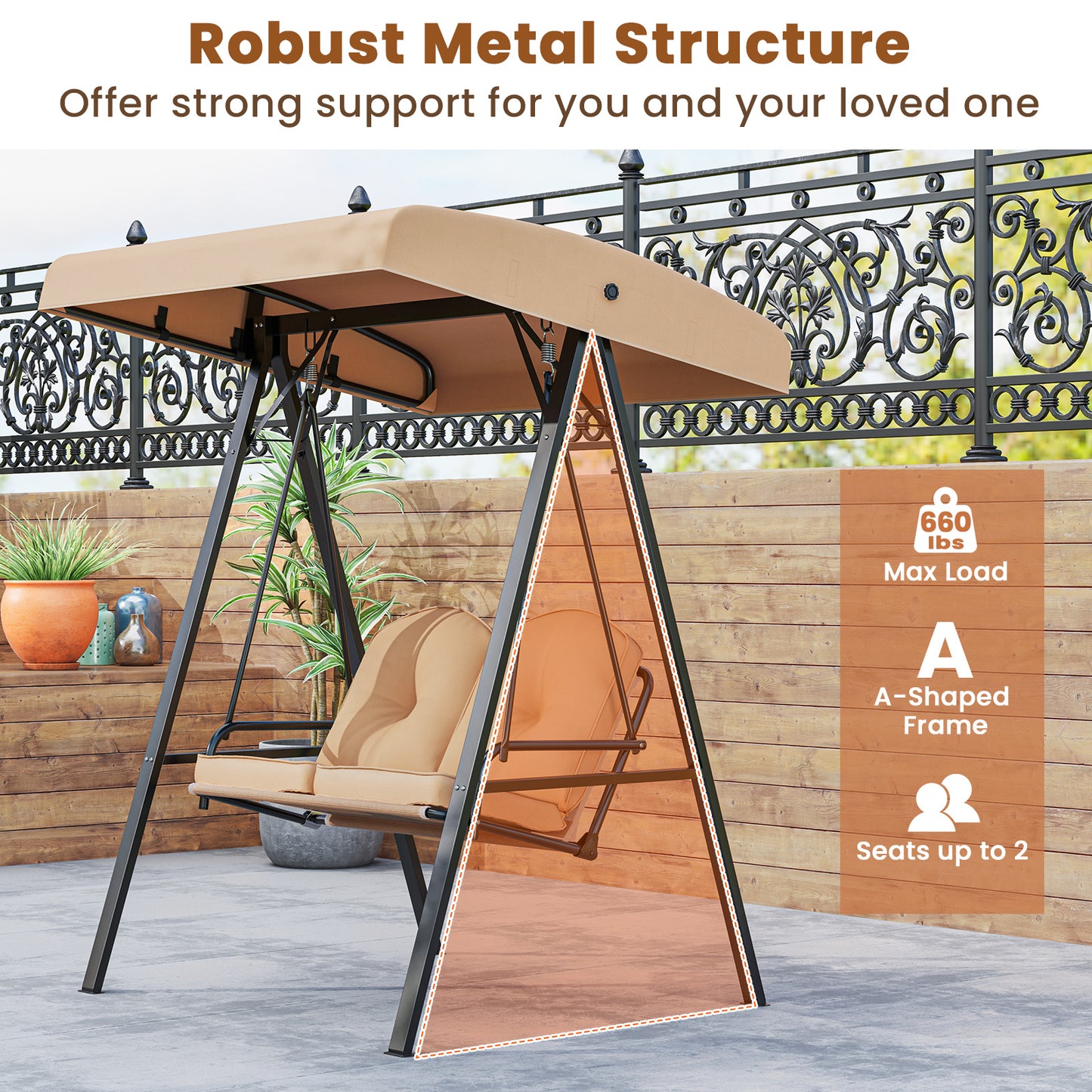 2-Person Outdoor Porch Swing with A-Shaped Metal Stand and Adjustable Canopy, Beige Porch Swings at Gallery Canada