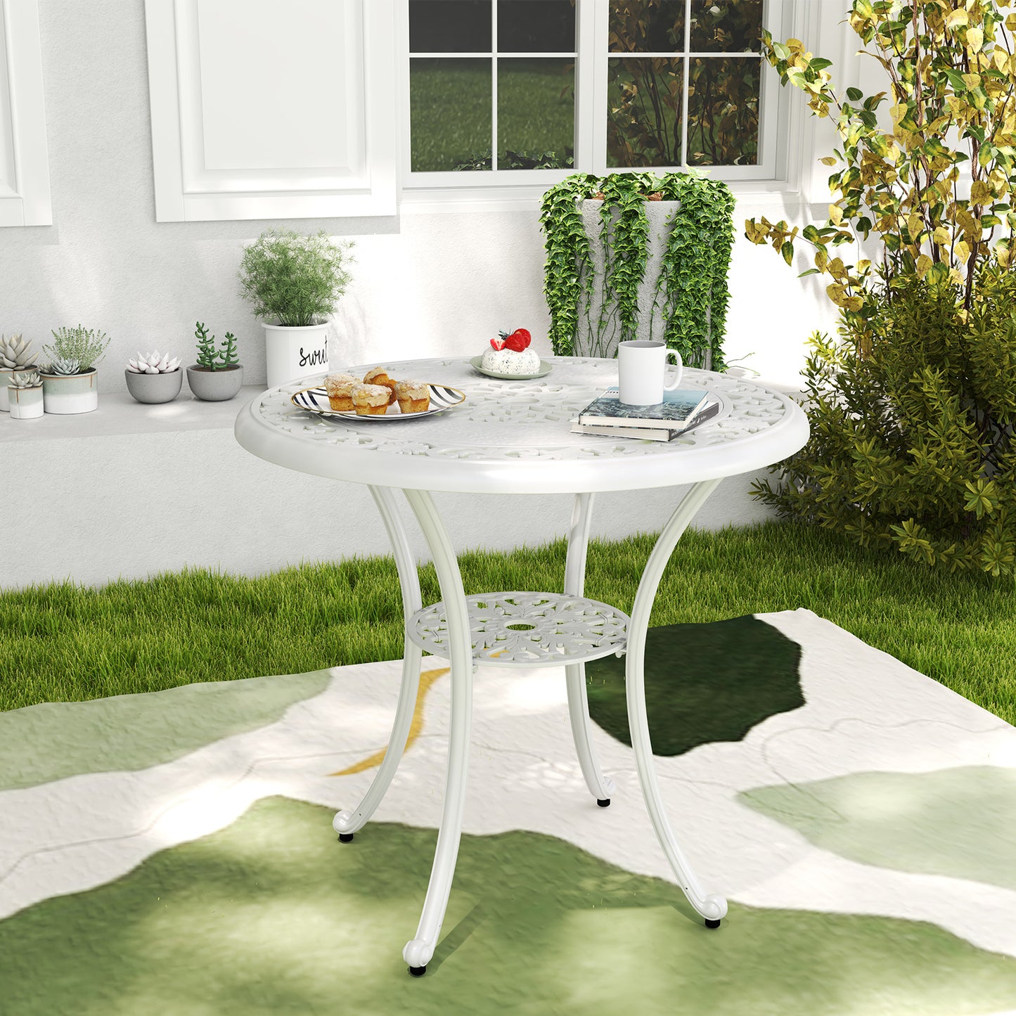 31.5 Inch Round Patio Dining Table for 4 Cast Aluminum with 2-Inch Umbrella Hole, White Patio Dining Tables at Gallery Canada