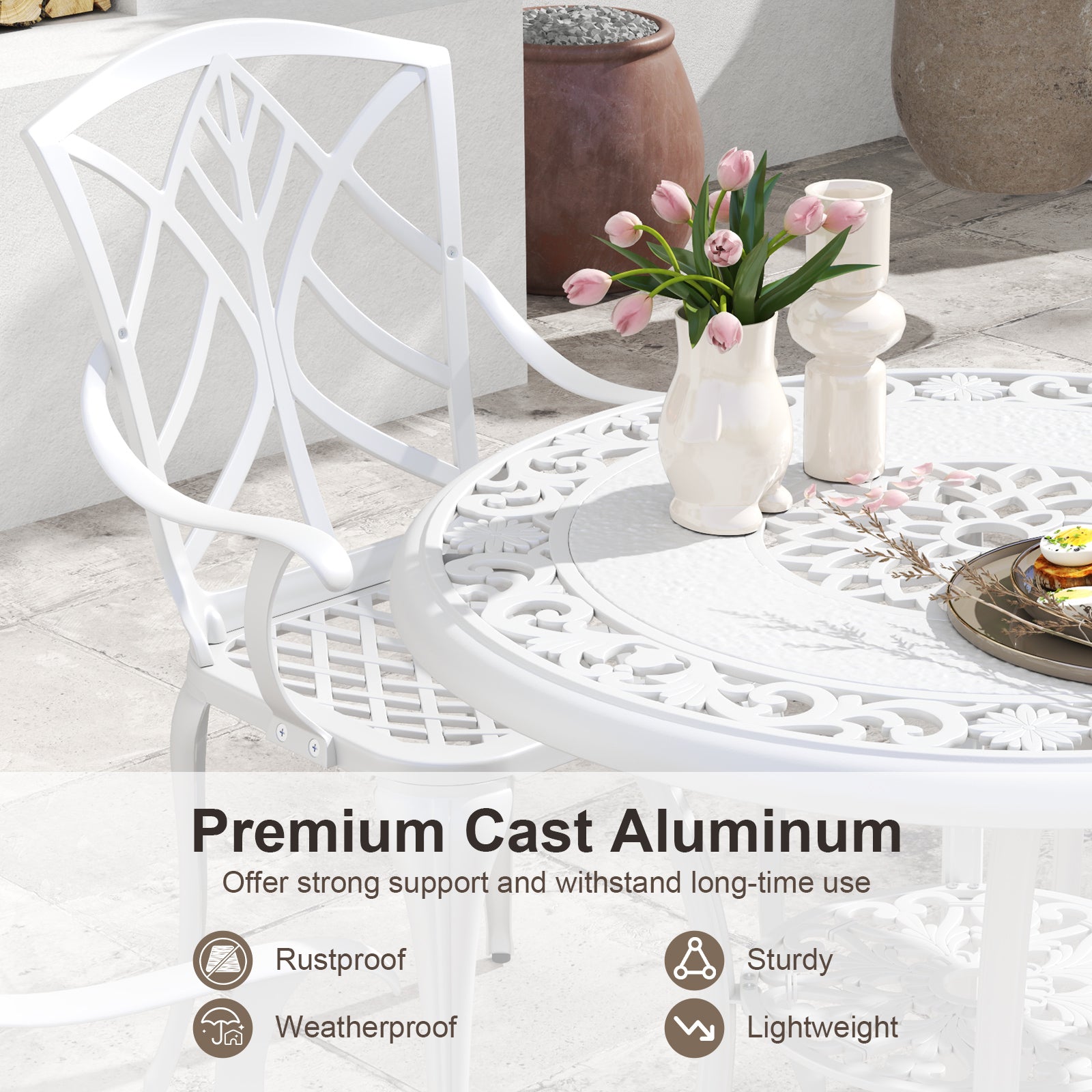 Set of 4 Cast Aluminum Patio Dining Chairs with Armrests and Decorative Patterns, White Patio Dining Chairs at Gallery Canada