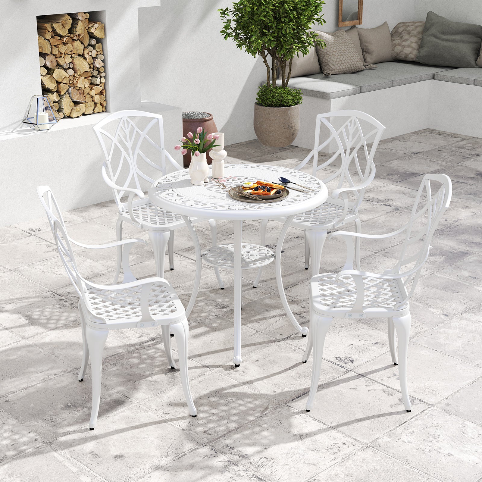 Set of 4 Cast Aluminum Patio Dining Chairs with Armrests and Decorative Patterns, White Patio Dining Chairs at Gallery Canada