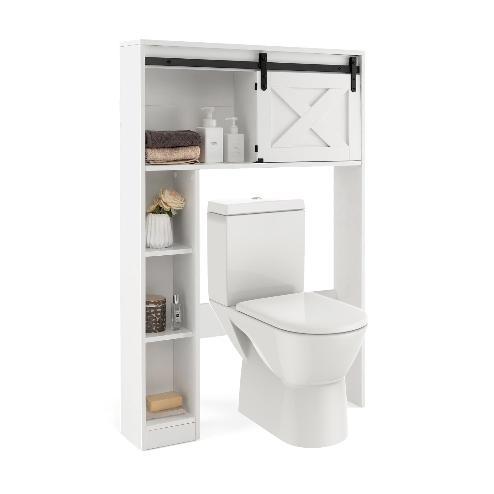 4-Tier Over The Toilet Storage Cabinet with Sliding Barn Door and Storage Shelves, White Bathroom Etagere at Gallery Canada