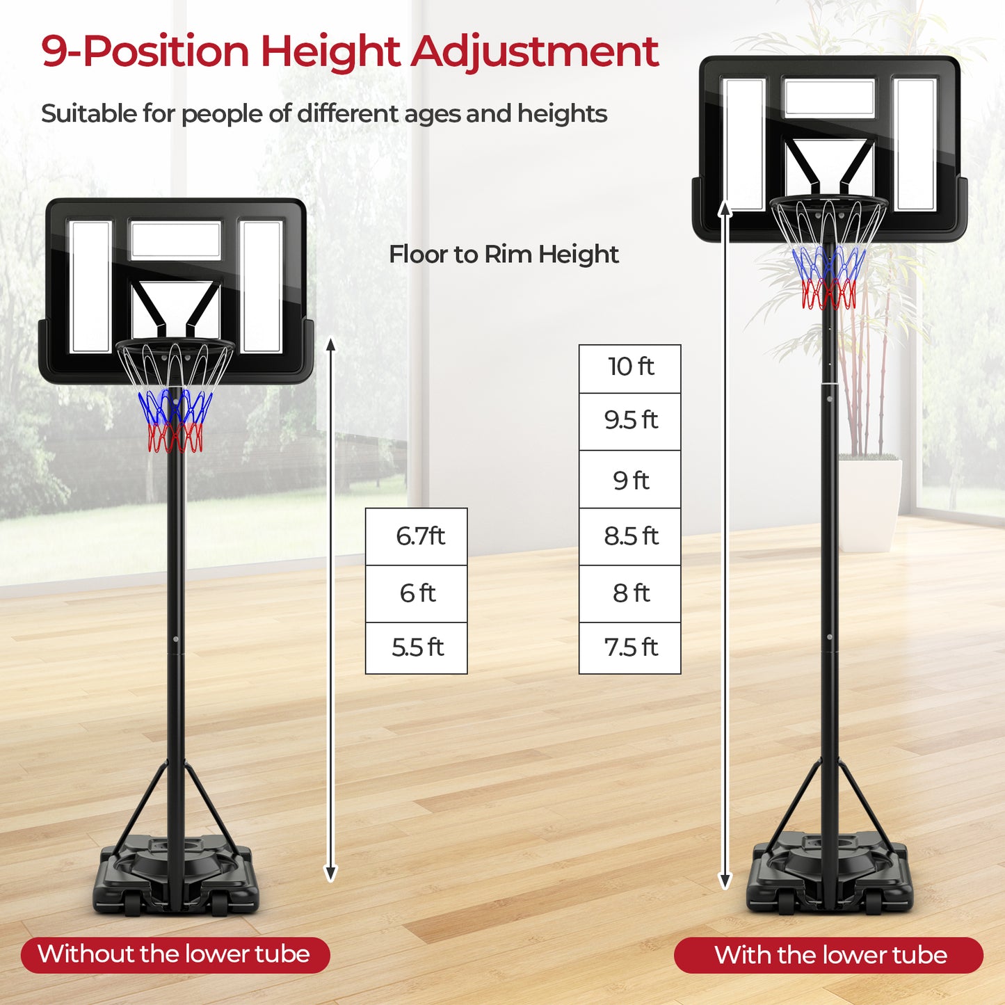 Portable Basketball Hoop with 9-Position Adjustable Height, Black Sport Equipments at Gallery Canada