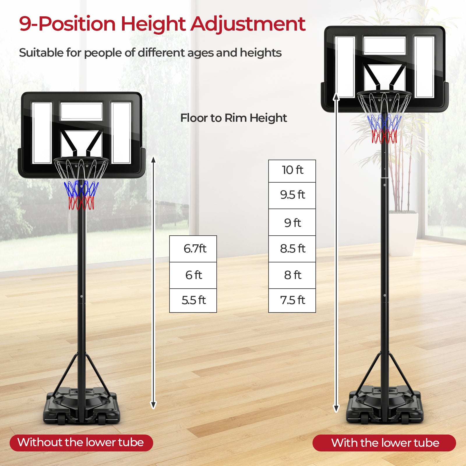 Portable Basketball Hoop with 9-Position Adjustable Height, Black Sport Equipments at Gallery Canada