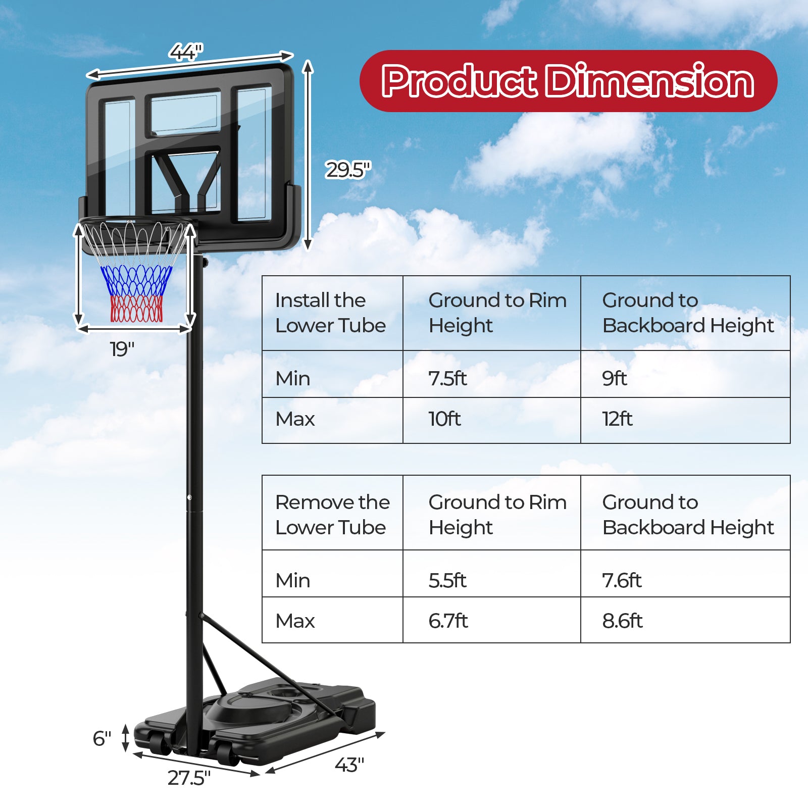 Portable Basketball Hoop with 9-Position Adjustable Height, Black Sport Equipments at Gallery Canada