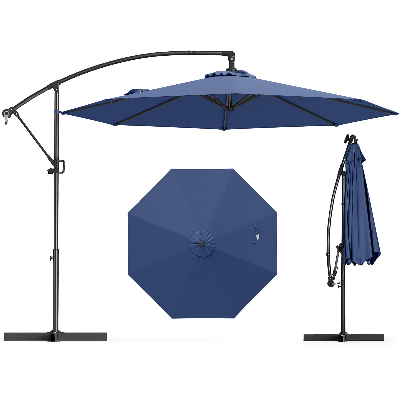 10 Feet Offset Hanging Umbrella with Base and Infinite Tilt, Navy Outdoor Umbrellas at Gallery Canada