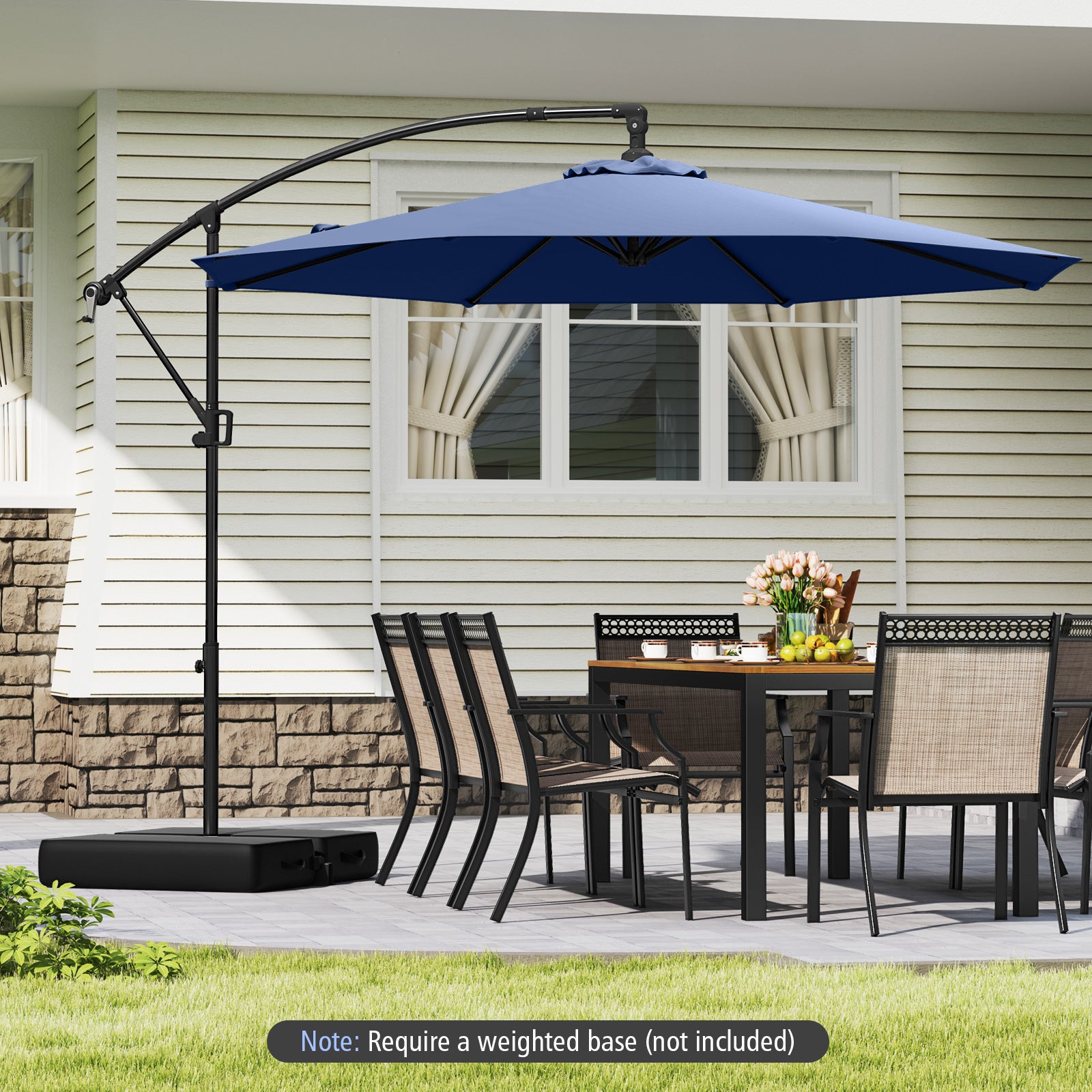 10 Feet Offset Hanging Umbrella with Base and Infinite Tilt, Navy Outdoor Umbrellas at Gallery Canada