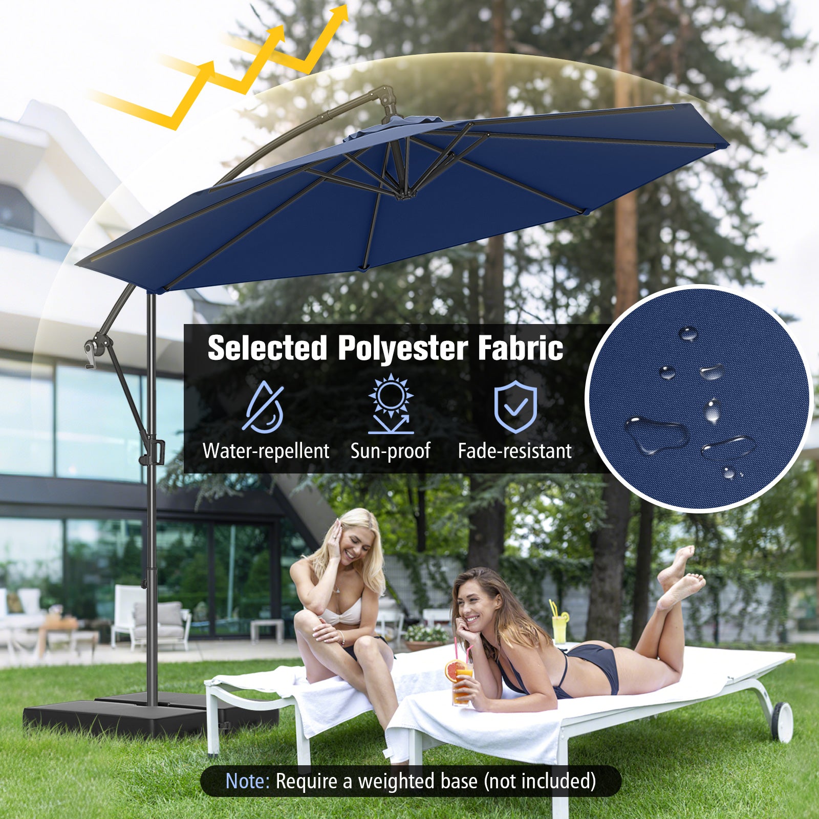 10 Feet Offset Hanging Umbrella with Base and Infinite Tilt, Navy Outdoor Umbrellas at Gallery Canada