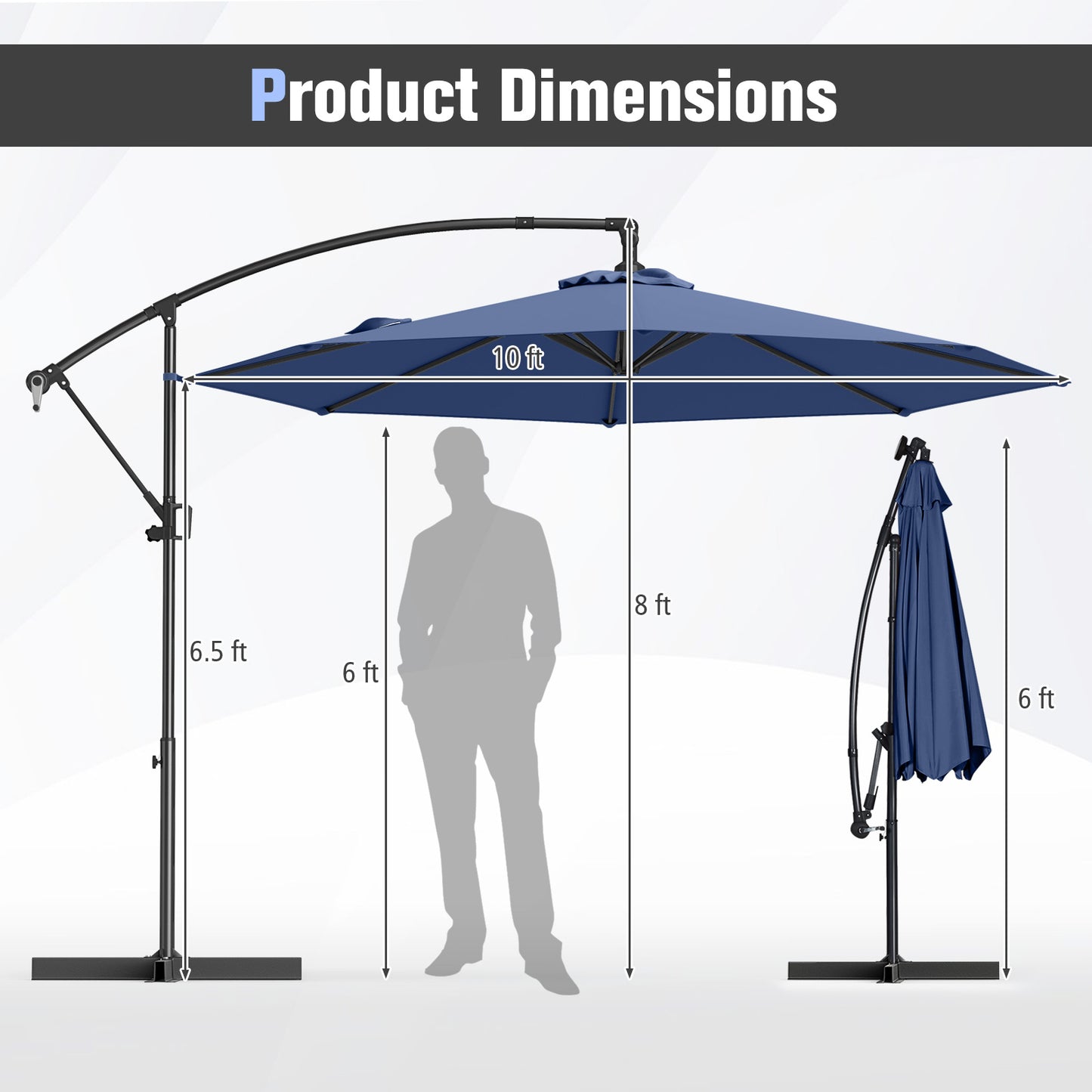 10 Feet Offset Hanging Umbrella with Base and Infinite Tilt, Navy Outdoor Umbrellas at Gallery Canada